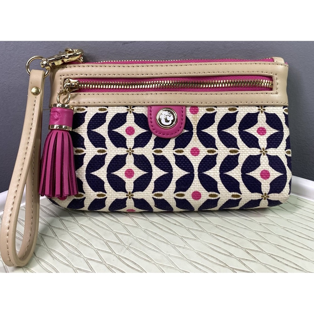Spartina Womens Leather&Natural Linen Wristlet Wallet Ivory/Blue& Hot Pink 5x8x1